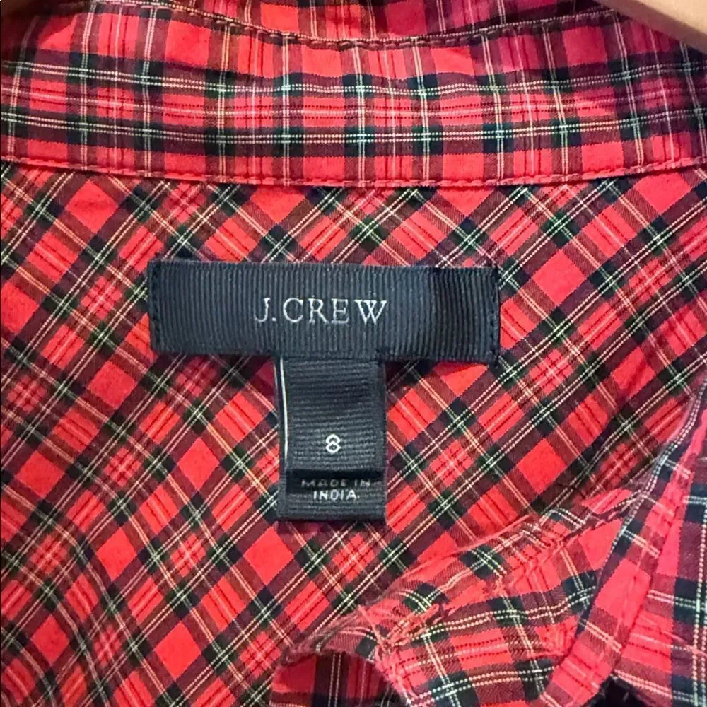 J. Crew Red and Black Plaid Shirt with Beaded Embroidery Size 8